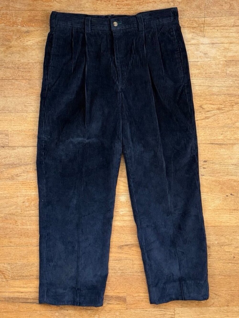 Vintage Mens Tommy Hilfiger Corduroys 32x27 Dark Blue 90s Pleated Cotton Pants